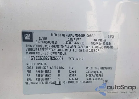 2007 Cadillac Escalade Standard z USA, uszkodzony, nr VIN 1GYEC63827R265567